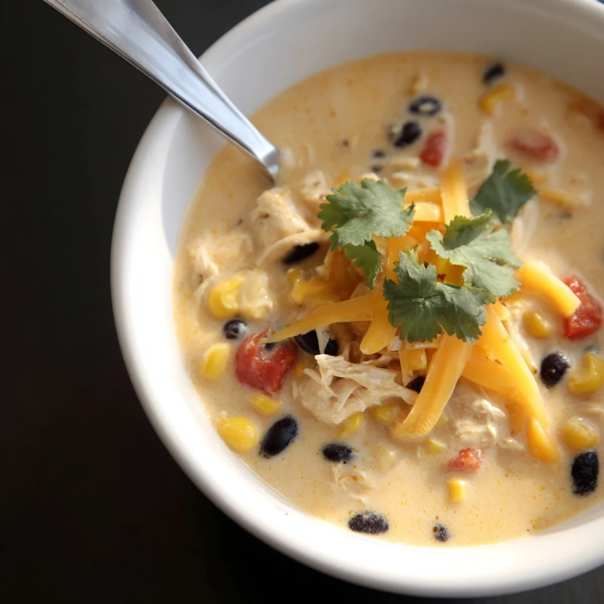 Hearty Tex-Mex chicken taco soup simmering in a white pot with colorful beans, corn, and tender shredded chicken