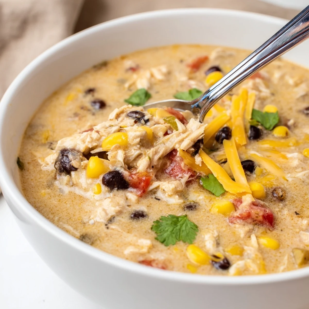 Steamy bowl of creamy chicken taco soup topped with crushed tortilla chips, fresh cilantro, and melted cheddar cheese