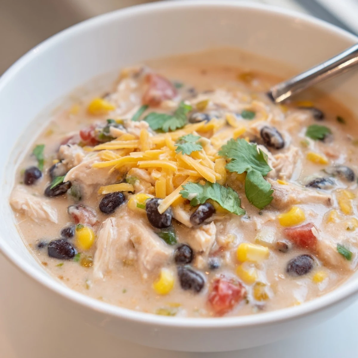 Spoon lifting rich and creamy chicken taco soup from a rustic bowl, garnished with zesty lime wedges and jalapeños