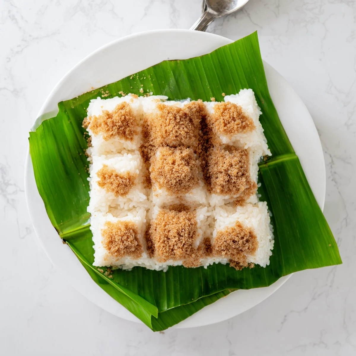 Malaysian Pulut Inti featuring steamed glutinous rice topped with sweet palm sugar coconut mixture