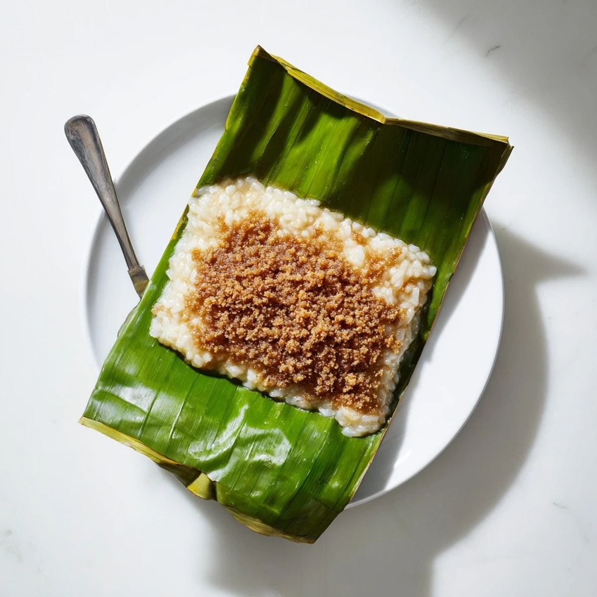 Colorful Malaysian Pulut Inti dessert showcasing blue tinted rice layered with caramelized coconut filling