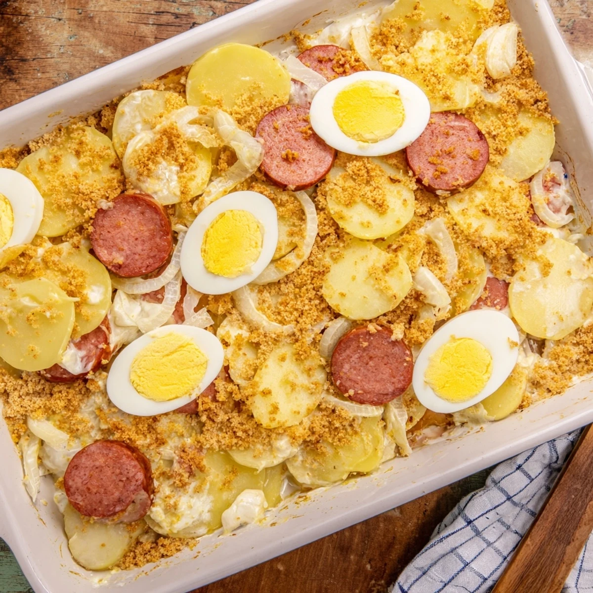 Golden baked Hungarian Rakott Krumpli casserole with layered potato slices, smoked sausage, and eggs