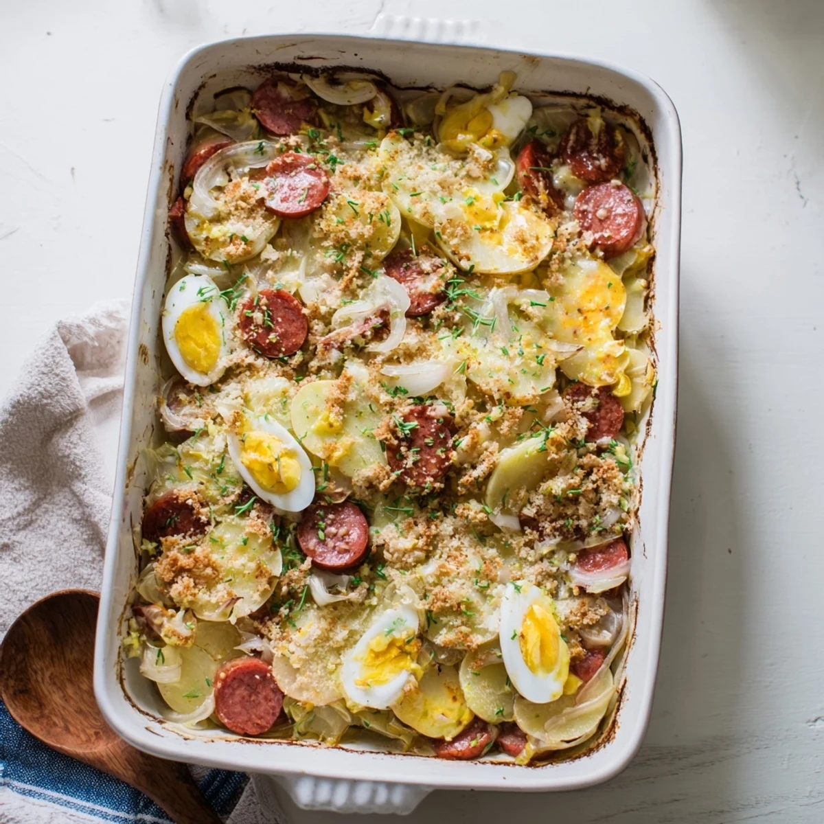 Creamy Rakott Krumpli comfort food featuring tender potatoes, hard-boiled eggs, and smoky sausage bubbling hot