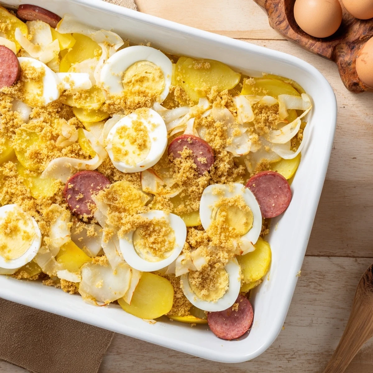 Rustic Rakott Krumpli potato layered casserole topped with sour cream and golden breadcrumb crust