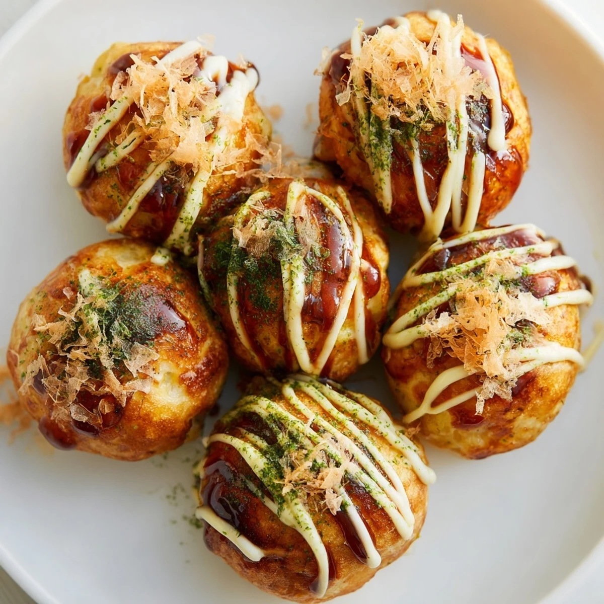 Golden brown Japanese takoyaki balls drizzled with savory sauce and mayonnaise topped with dancing bonito flakes