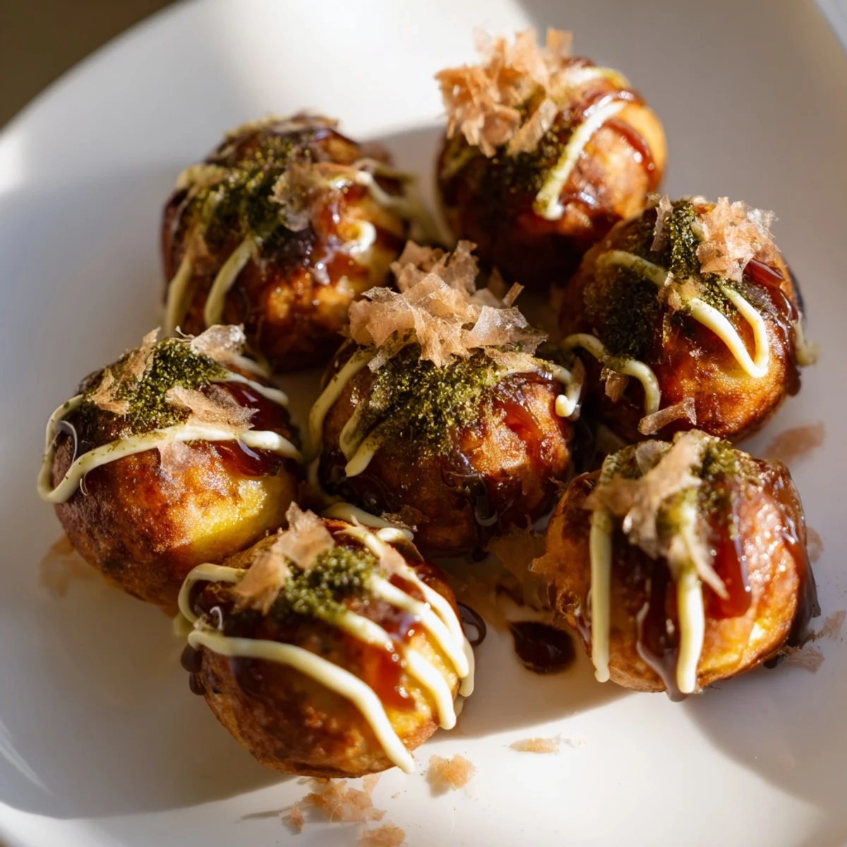 Crispy exterior takoyaki filled with tender octopus pieces garnished with green onions and pickled red ginger
