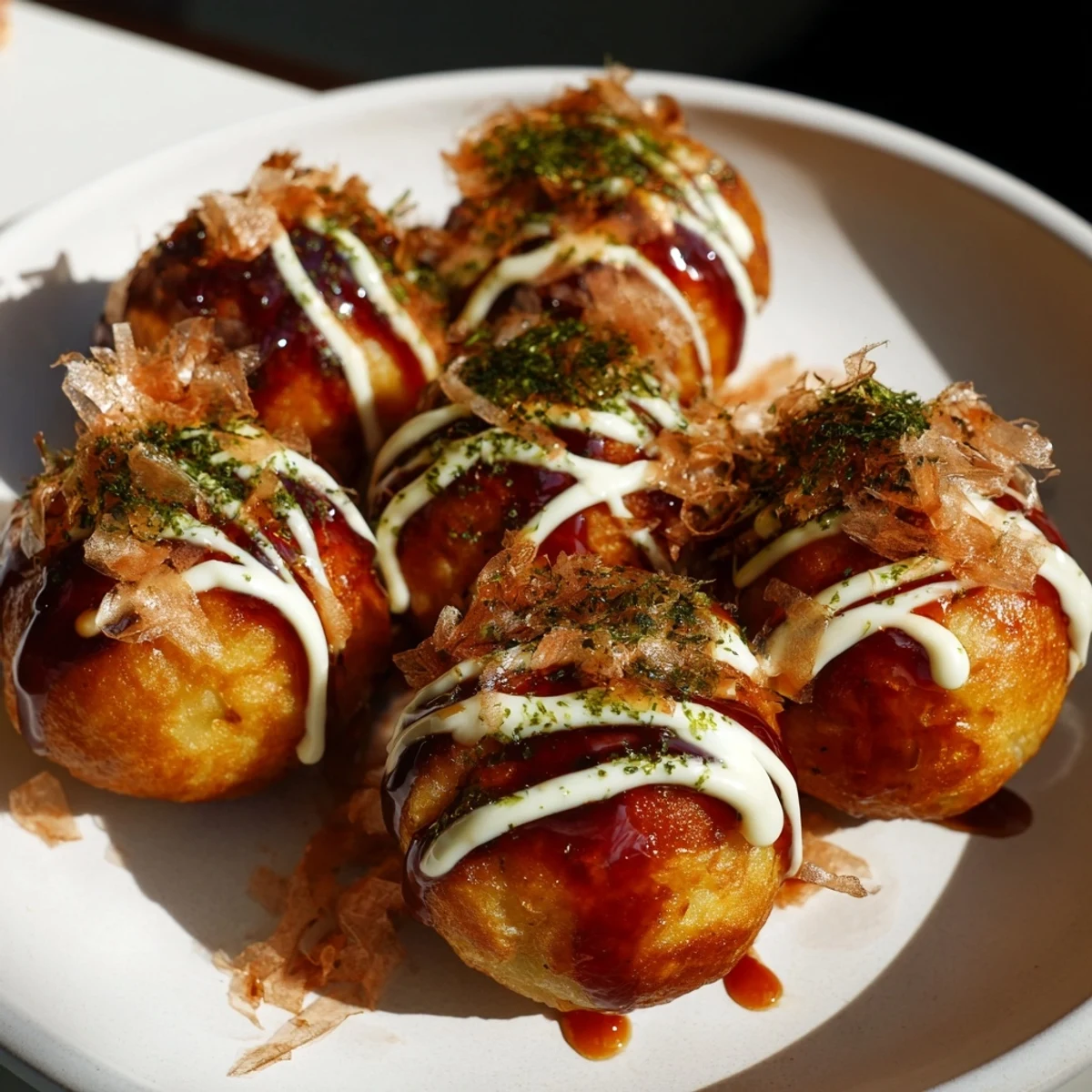 Steaming hot round takoyaki snacks arranged on a plate brushed with tangy sauce and sprinkled with dried seaweed