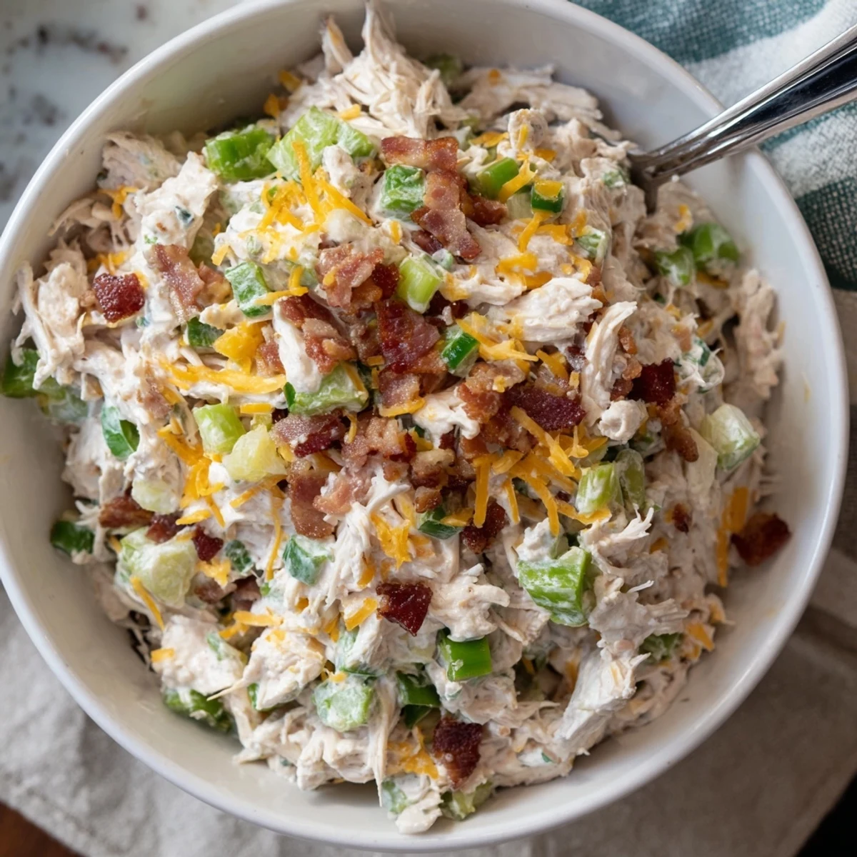 Keto-friendly chicken salad with chopped jalapenos, melted cheddar, and smoky bacon on a bed of crisp lettuce leaves.