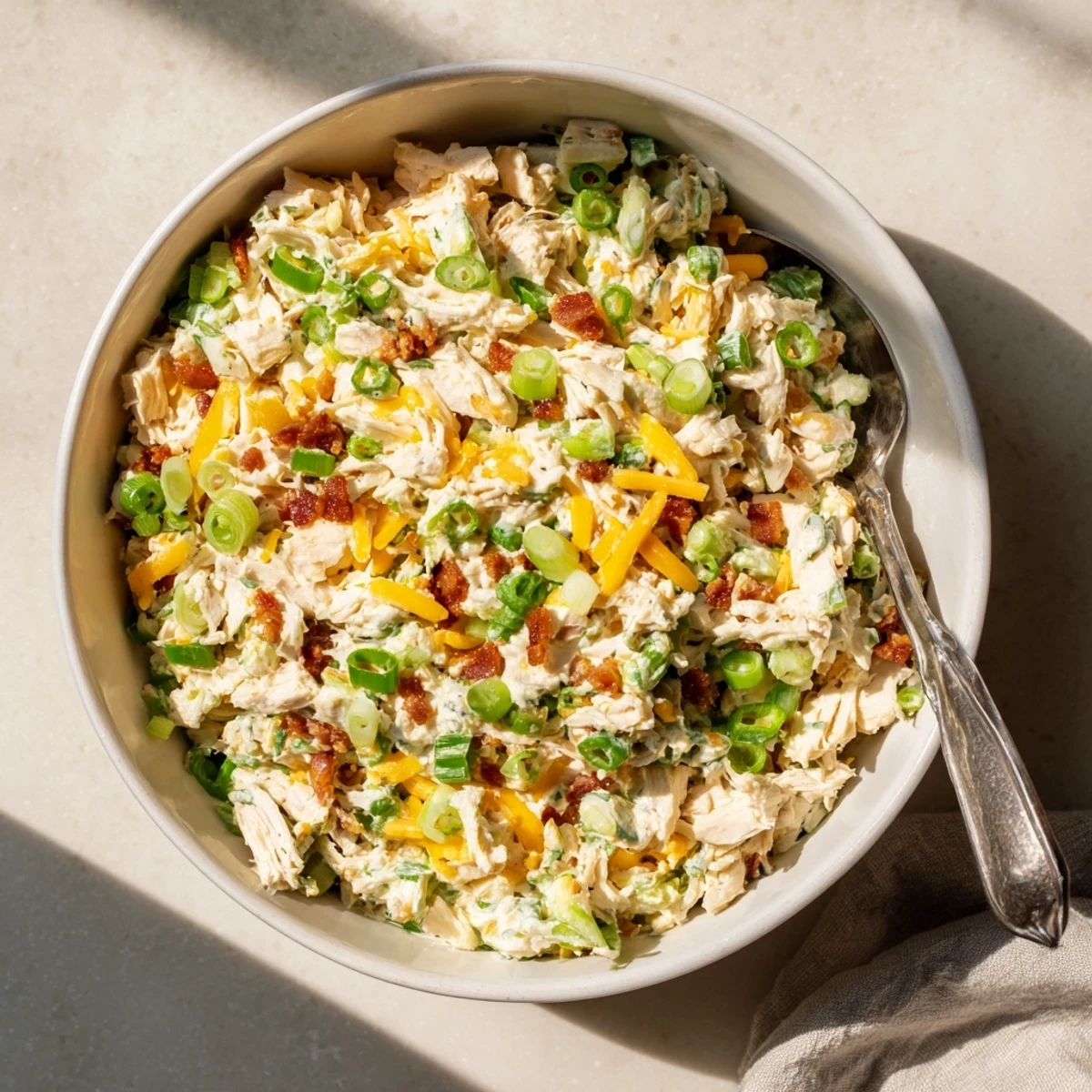 Low-carb jalapeno popper chicken salad featuring diced chicken breast, cream cheese dressing, and vibrant jalapeno pieces in a rustic ceramic bowl.