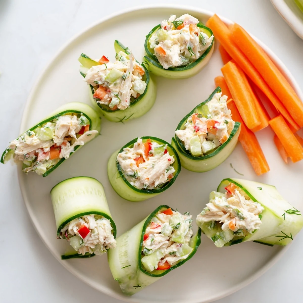 Fresh cucumber ribbons wrapped around creamy chicken salad for a light appetizer