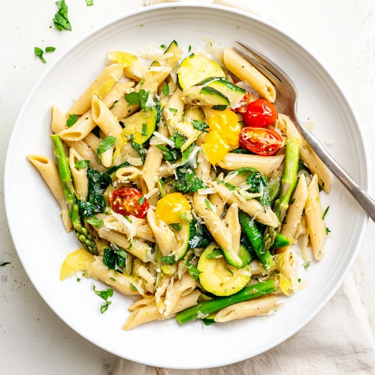 Colorful one pot spring vegetable pasta tossed with fresh asparagus, snap peas, cherry tomatoes, and grated Parmesan cheese in a rustic white bowl.