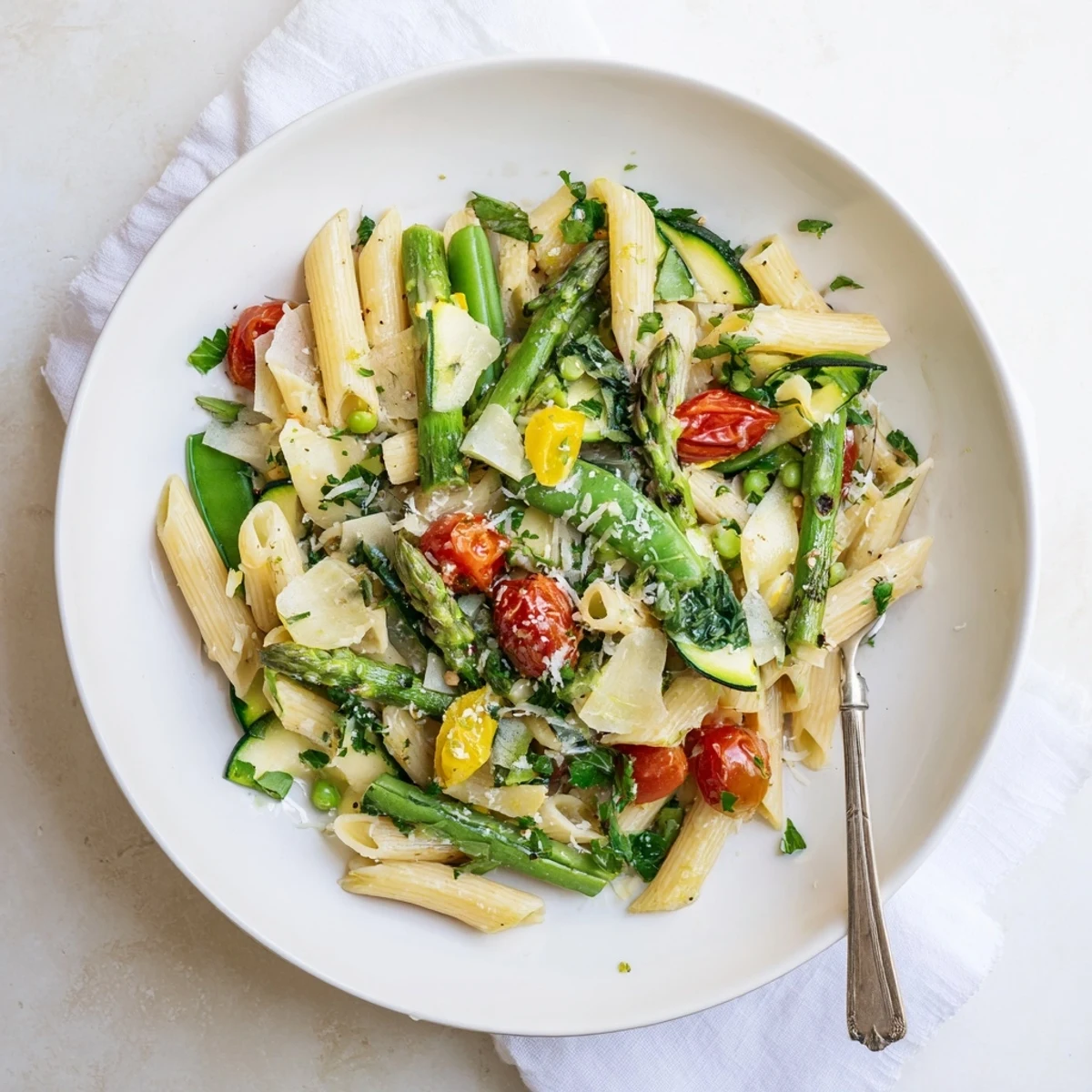 Creamy one pot spring vegetable pasta featuring tender zucchini, spinach, and vibrant seasonal vegetables simmered together in a single skillet.