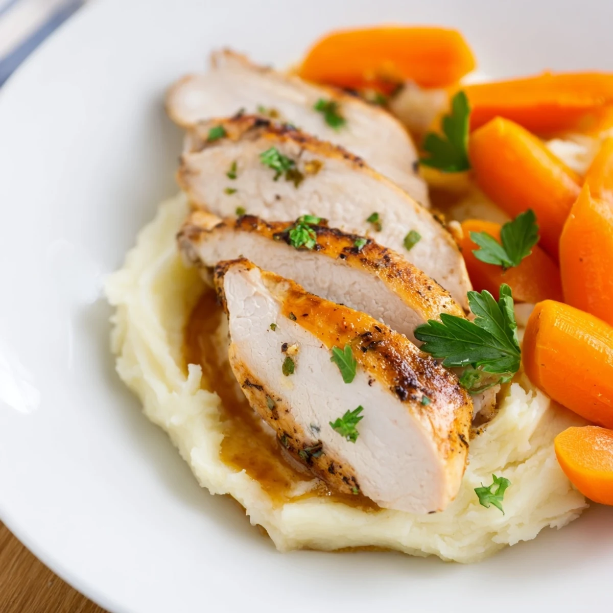 Golden garlic herb chicken breast plated with fluffy mashed potatoes and honey glazed carrots