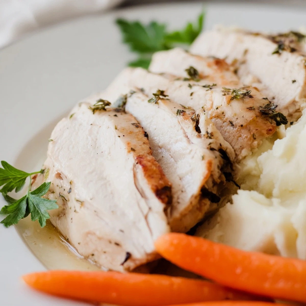 Comforting dinner of herb roasted chicken served alongside creamy mashed potatoes and sweet buttery carrots