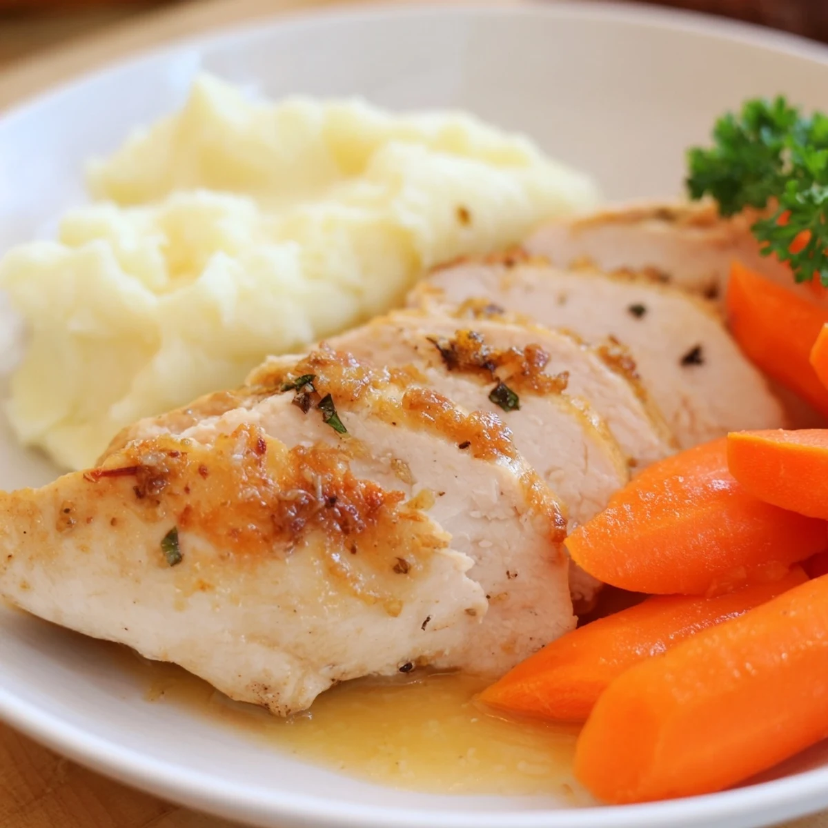 Tender marinated chicken breast with velvety potatoes and shiny honey glazed carrot rounds on plate