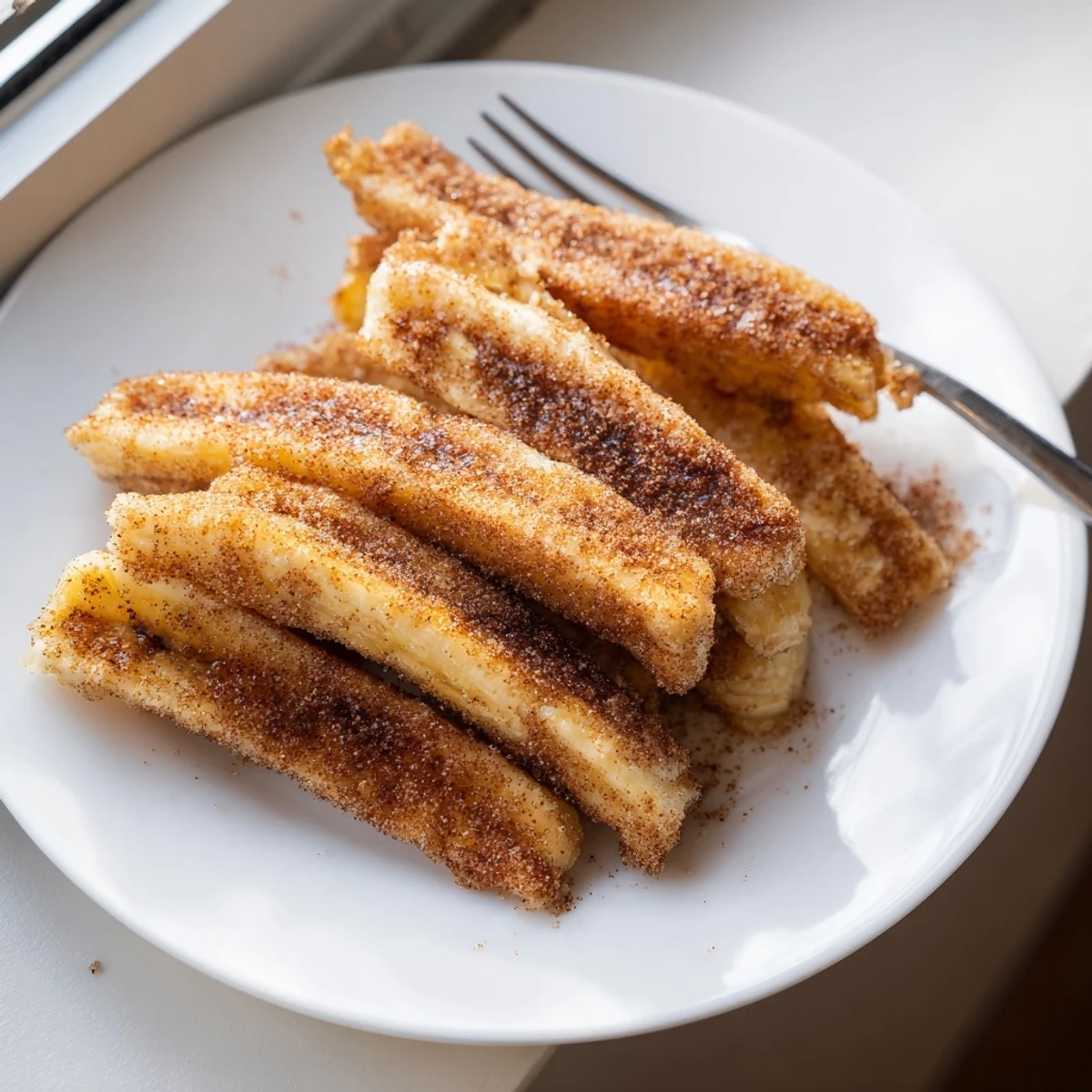 Sweet diagonal banana slices sprinkled with brown sugar and warm ground cinnamon while frying