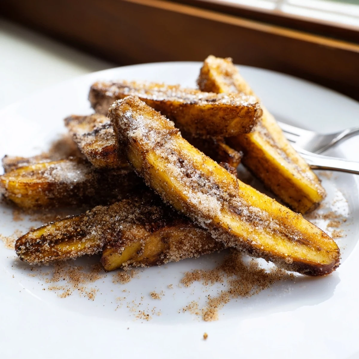 Caramelized banana rounds coated in cinnamon sugar sizzling in a hot pan for dessert