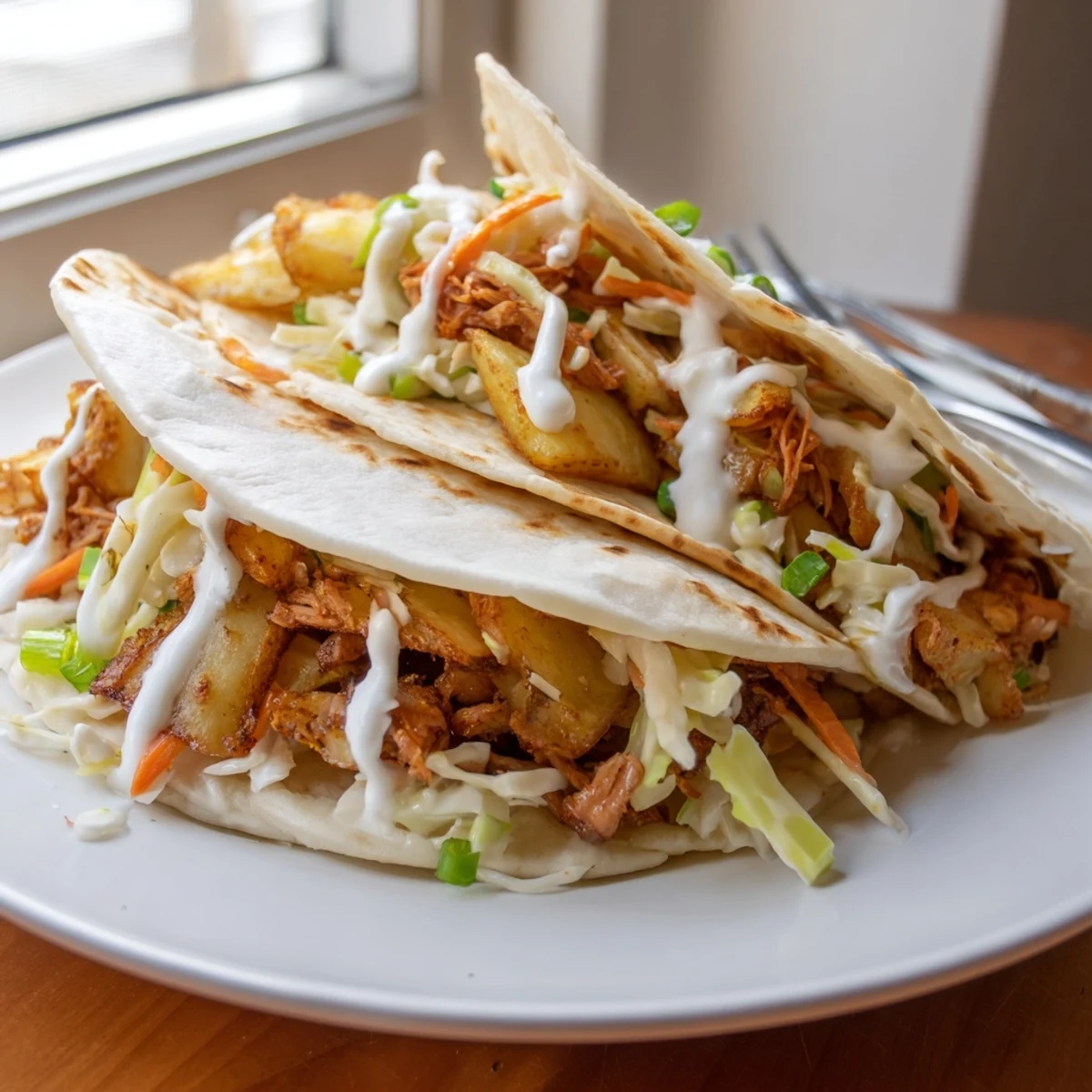 Warm flour tortillas filled with tender corned beef, crispy golden potatoes, and tangy cabbage slaw