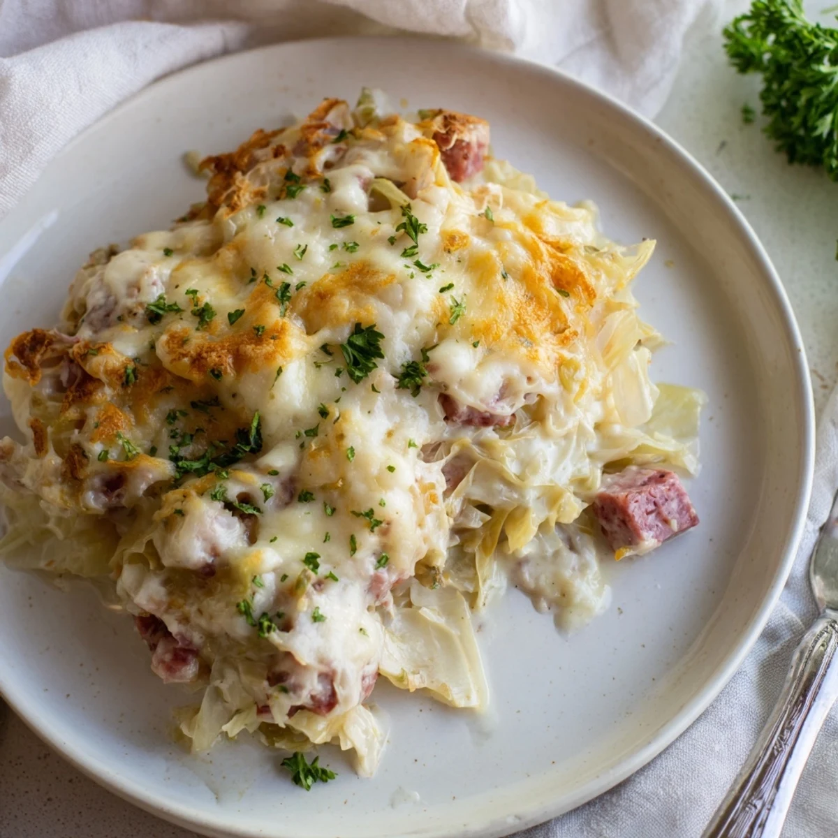Golden bubbly creamy corned beef cabbage parmesan bake fresh from the oven with shredded cheese topping