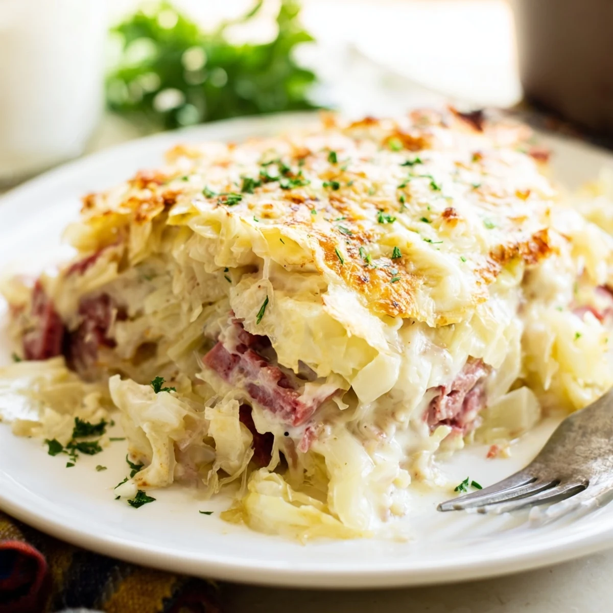Hearty casserole dish showcasing tender corned beef and cabbage baked in rich creamy cheese sauce