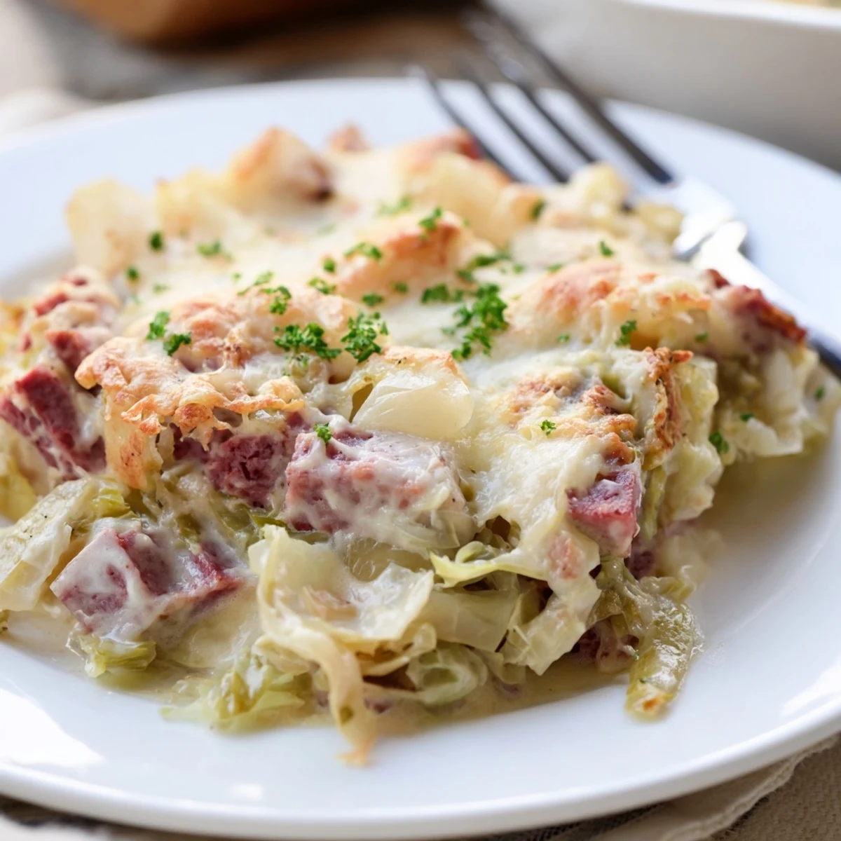 Spoonful of corned beef cabbage parmesan bake revealing melted mozzarella and golden brown crispy topping
