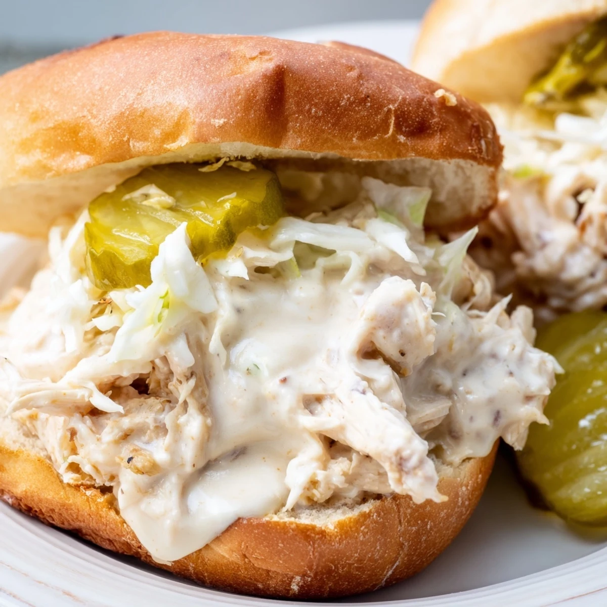 Juicy Alabama BBQ chicken sandwich piled high with crisp slaw on toasted bun