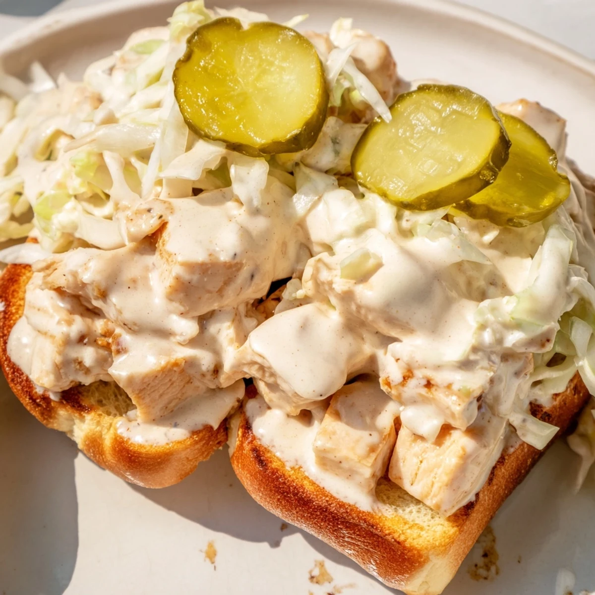Southern-style Alabama BBQ chopped chicken sandwich overflowing with creamy sauce and fresh cabbage