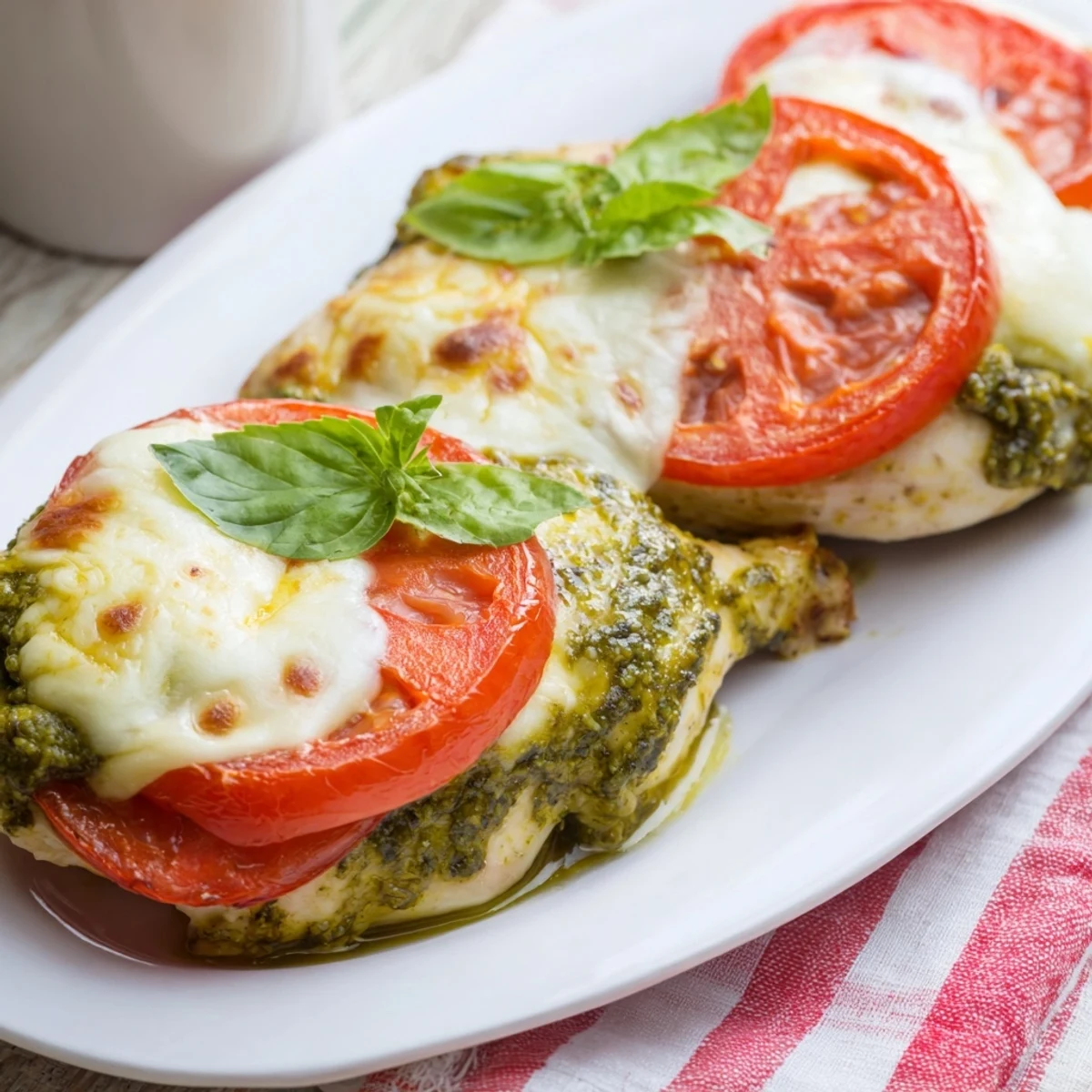 Golden melted mozzarella covers juicy Baked Pesto Caprese Chicken with vibrant red tomato slices and fresh basil garnish