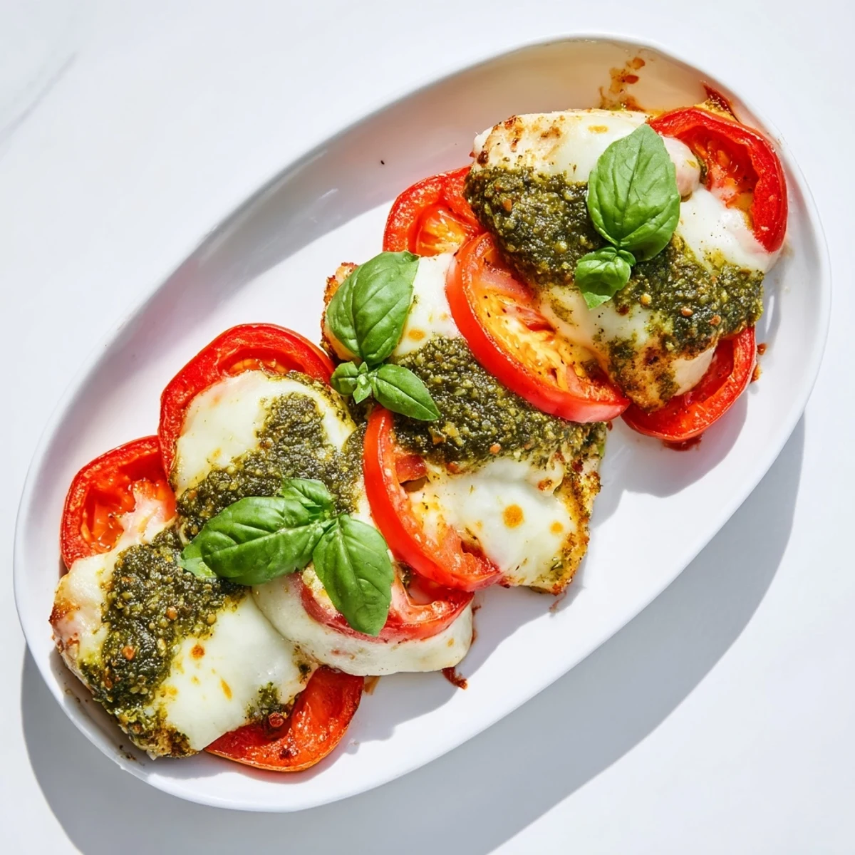 Oven-baked chicken breasts topped with bubbling cheese and ripe tomato slices in this gluten-free Italian pesto dish