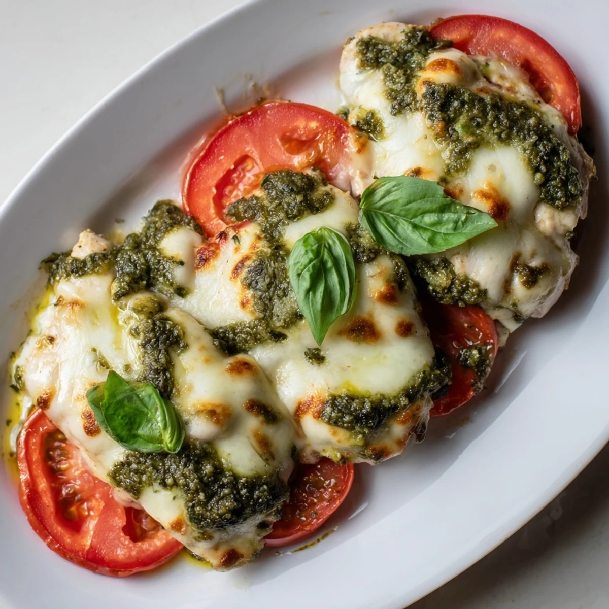 Sizzling baked pesto chicken features tender meat beneath a layer of melted mozzarella and fresh tomato rounds
