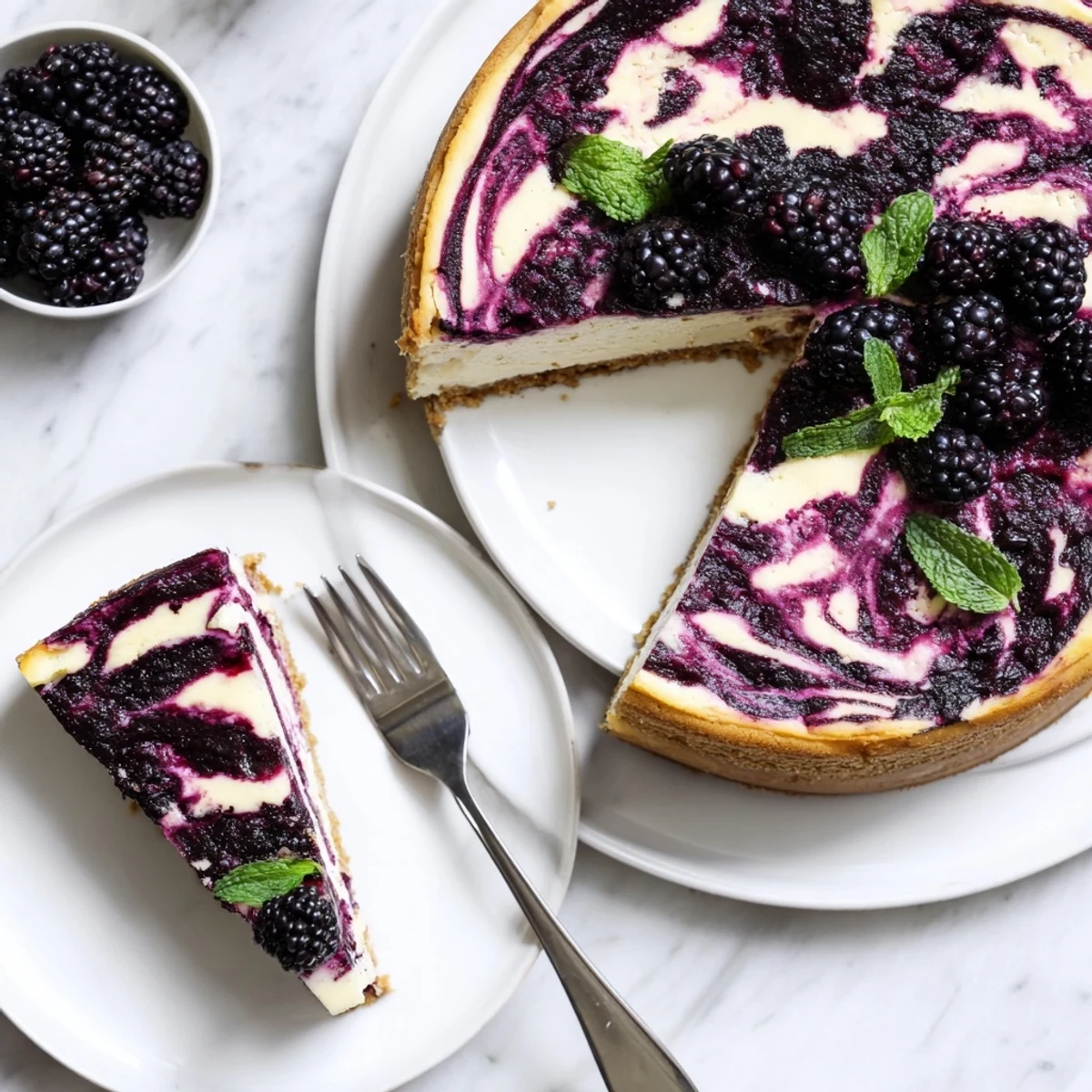 Slice of Blackberry Bliss Cheesecake topped with fresh berries and mint on white plate