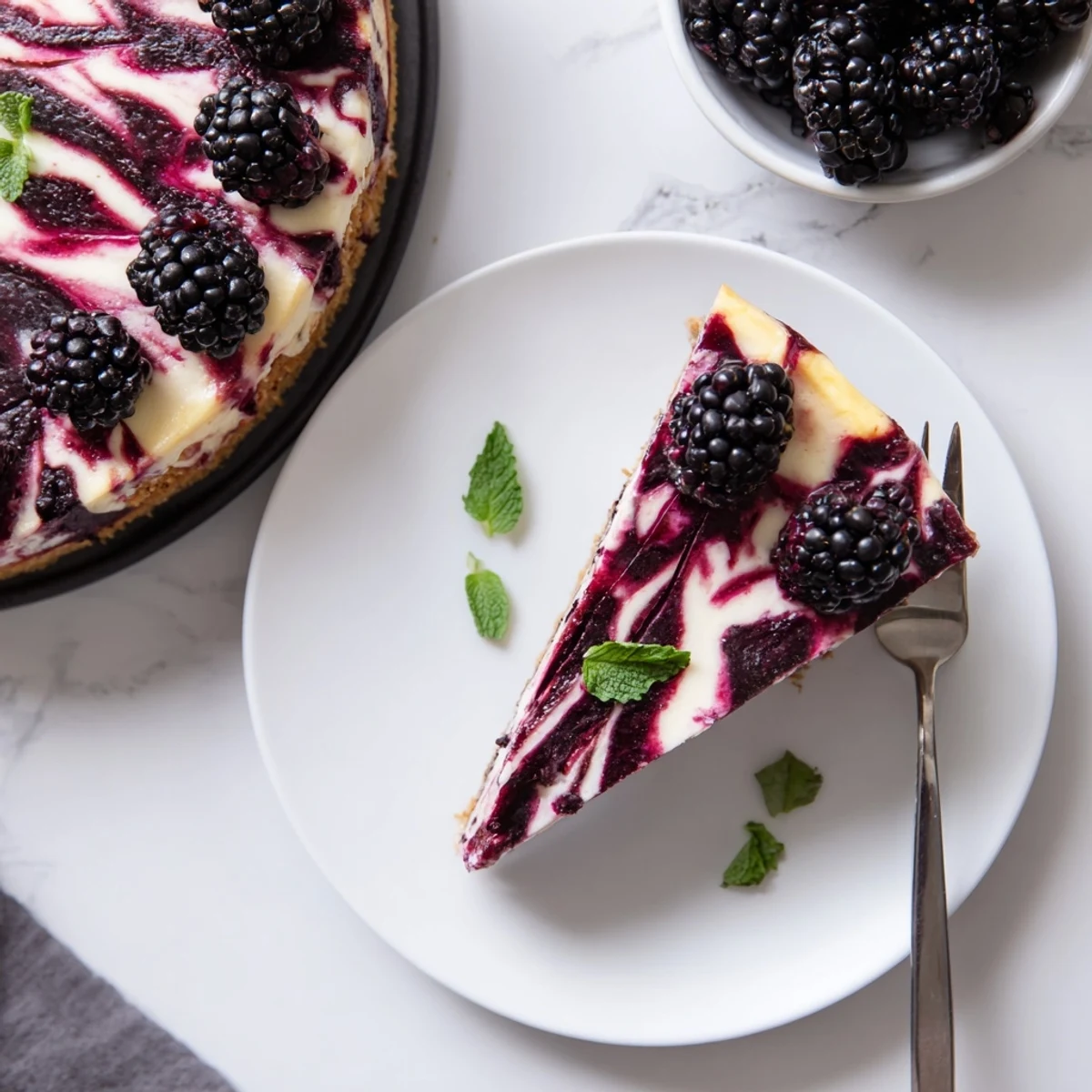 Creamy Blackberry Bliss Cheesecake with purple berry swirls on golden graham cracker crust