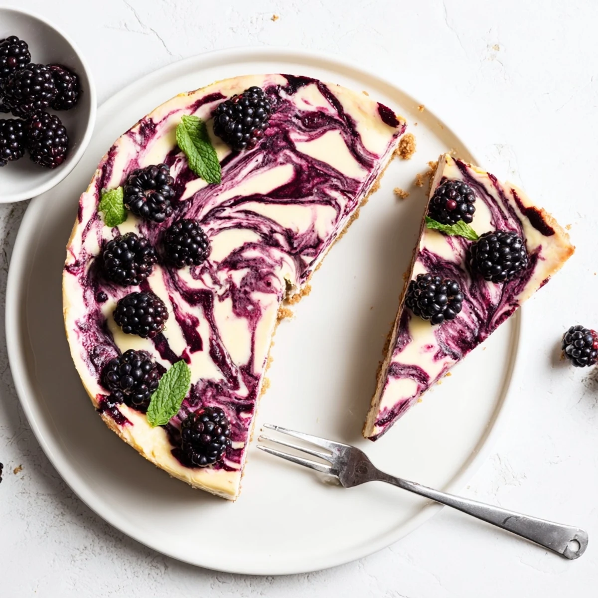 Marbled Blackberry Bliss Cheesecake showing velvety texture and tangy fruit compote ribbons