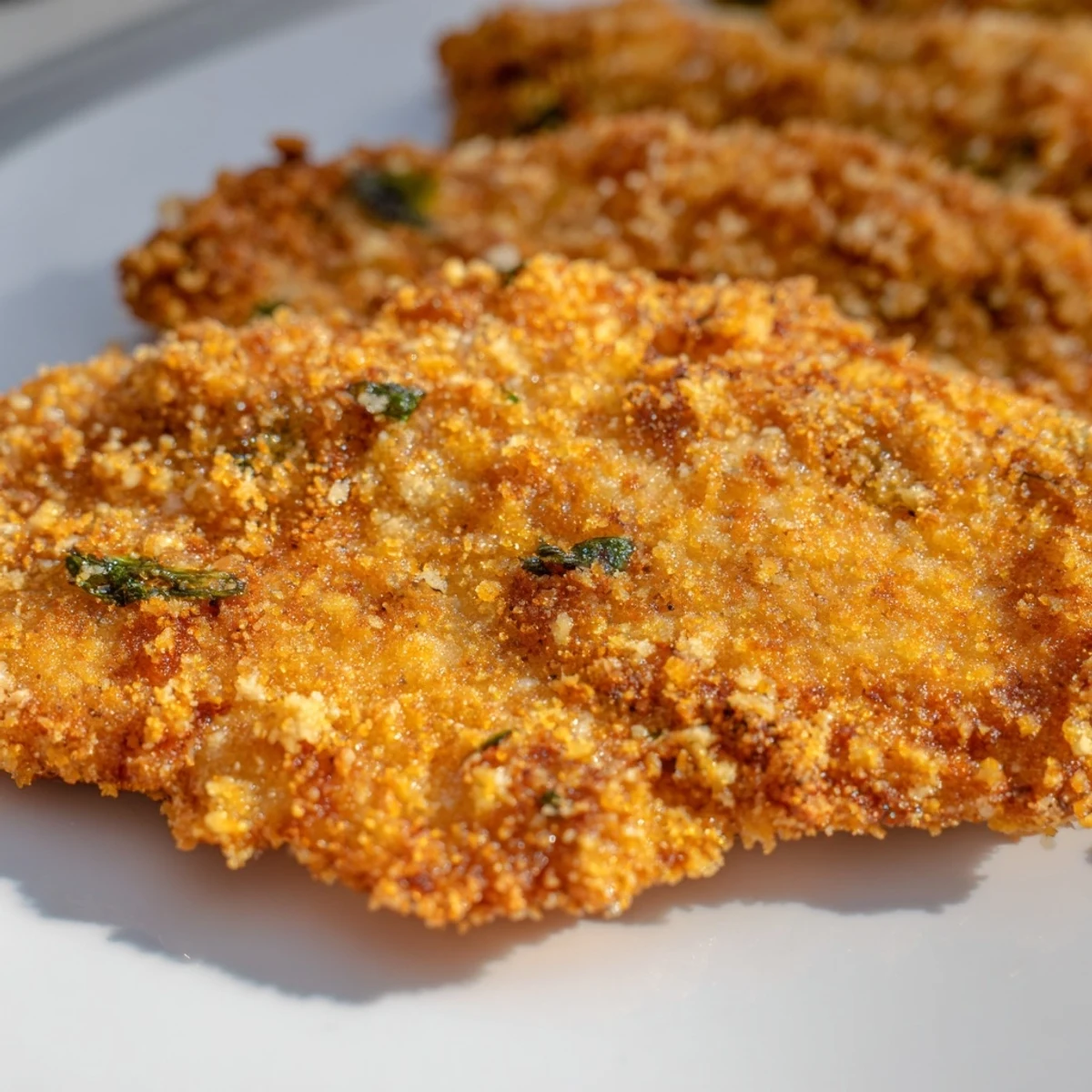 Golden crispy Parmesan basil chicken cutlets served on a white plate with fresh basil garnish