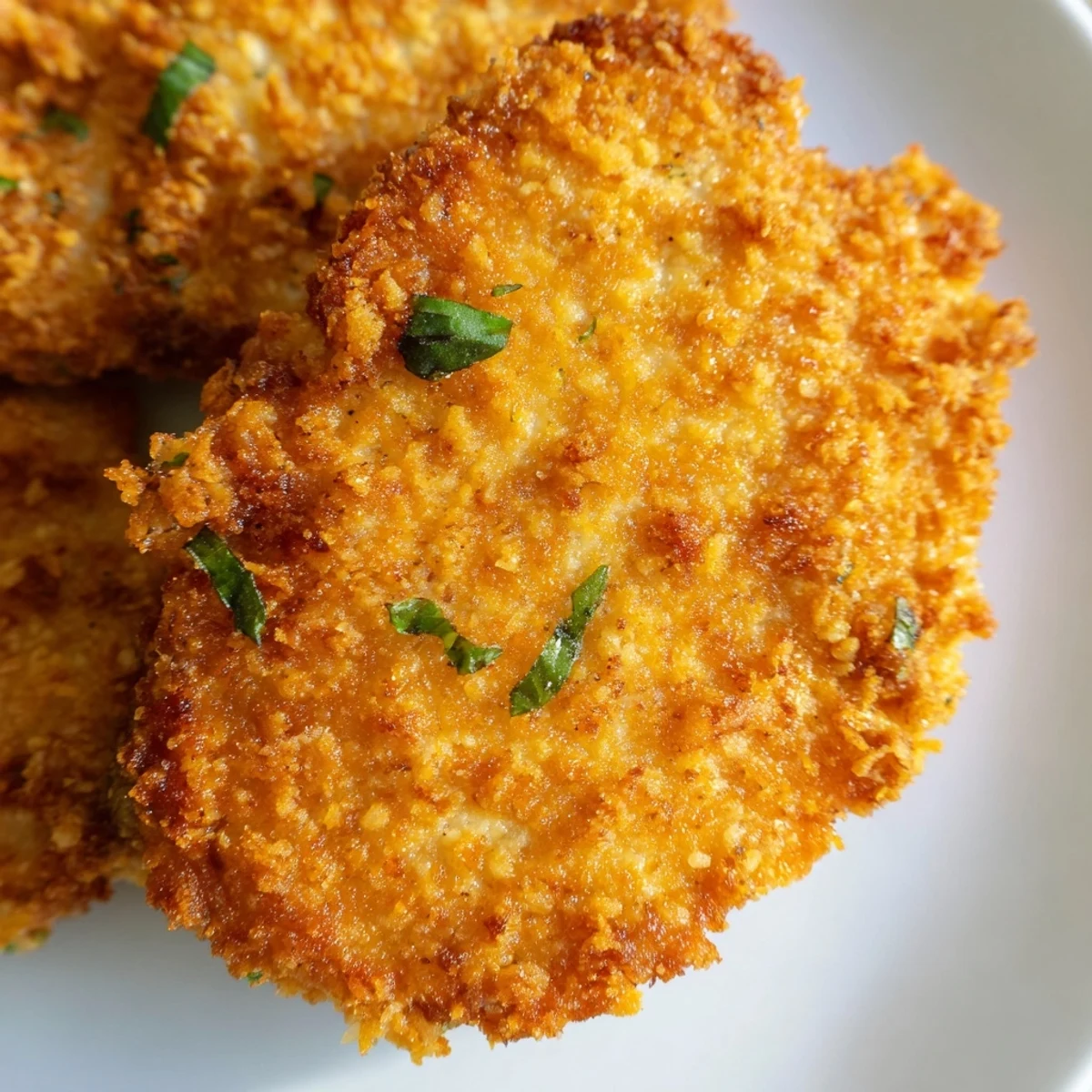 Pan-fried chicken cutlets with crunchy Parmesan and basil coating ready for weeknight dinner