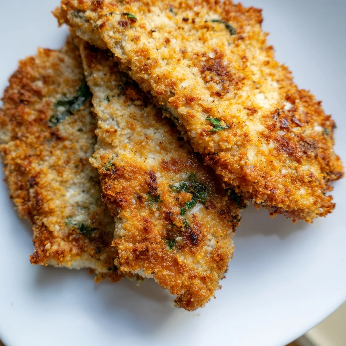 Italian-style chicken cutlets with golden breadcrumb crust sprinkled with extra grated Parmesan cheese