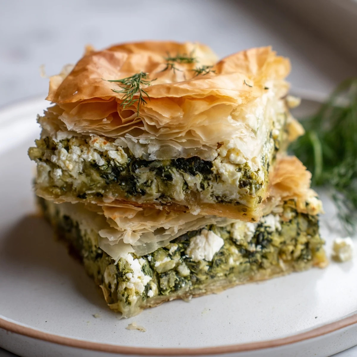 Golden authentic Greek spanakopita with flaky phyllo layers revealing spinach and feta filling