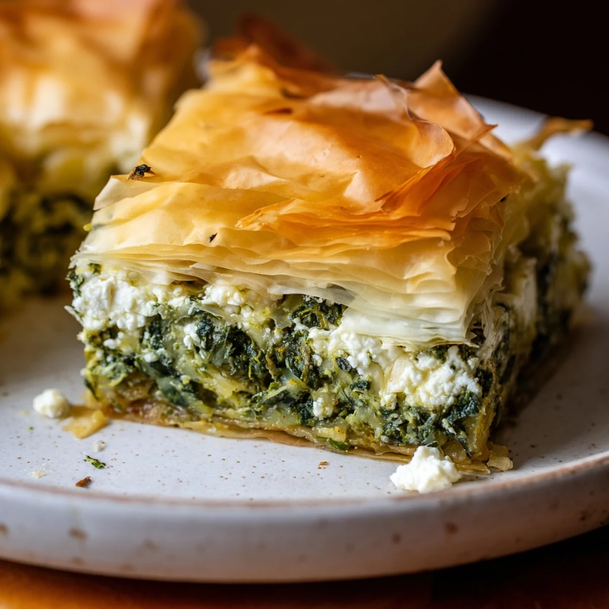 Crispy baked authentic Greek spanakopita pie cut into squares served on white plate