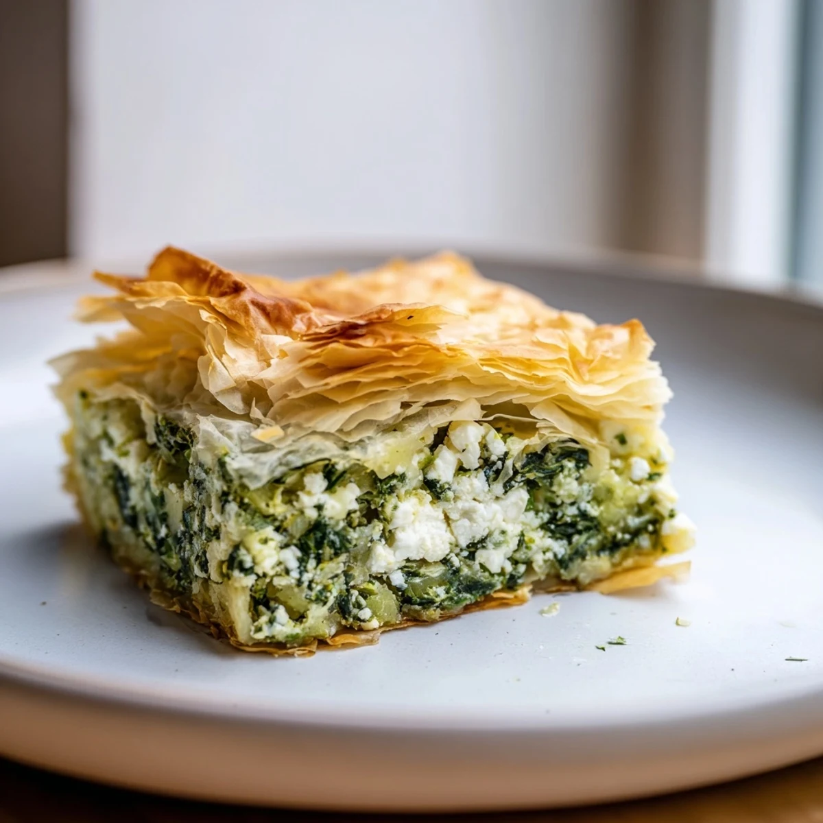 Fresh authentic Greek spanakopita showing golden buttery phyllo pastry with green spinach peeking through