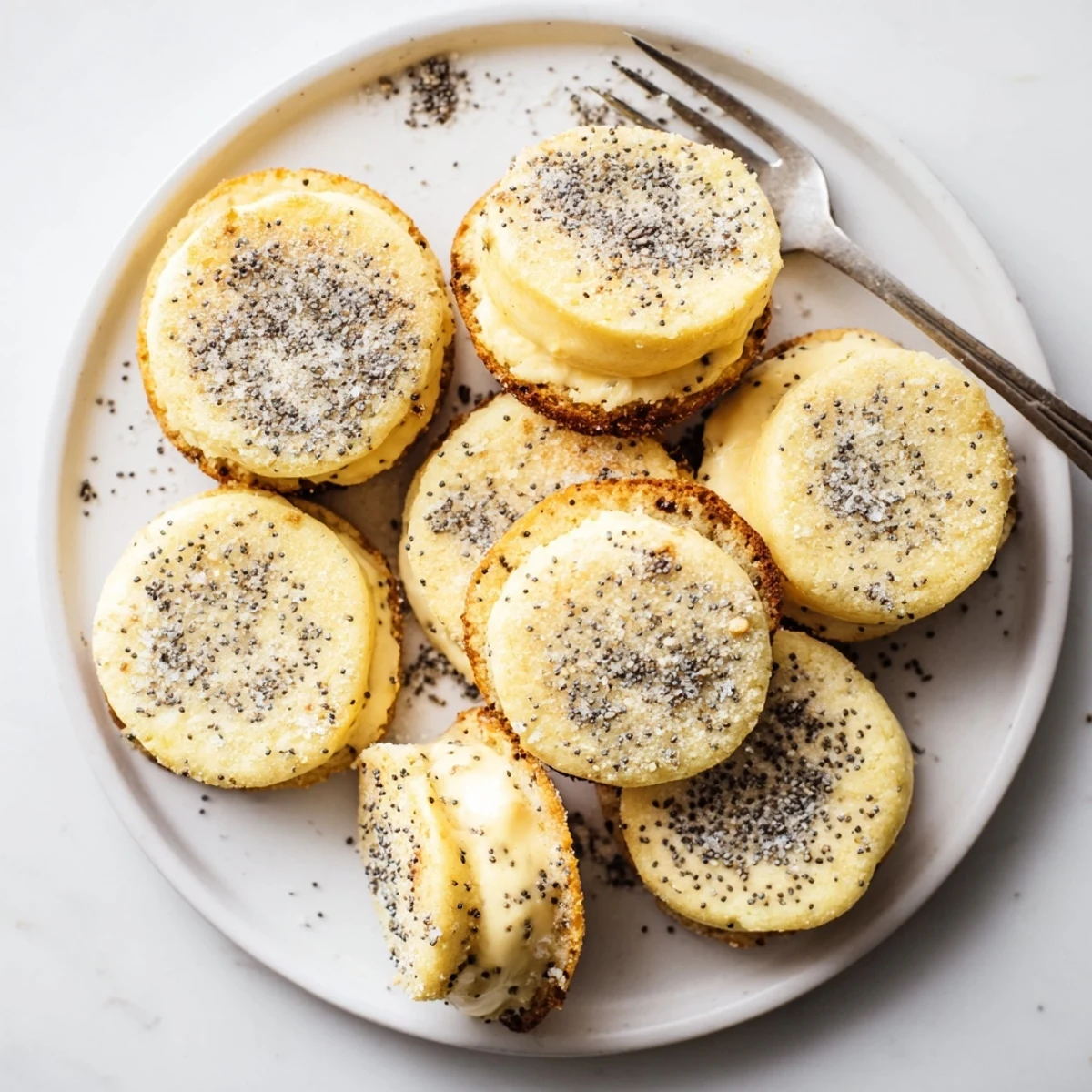Soft lemon poppy seed cheesecake cookies with creamy centers and golden edges