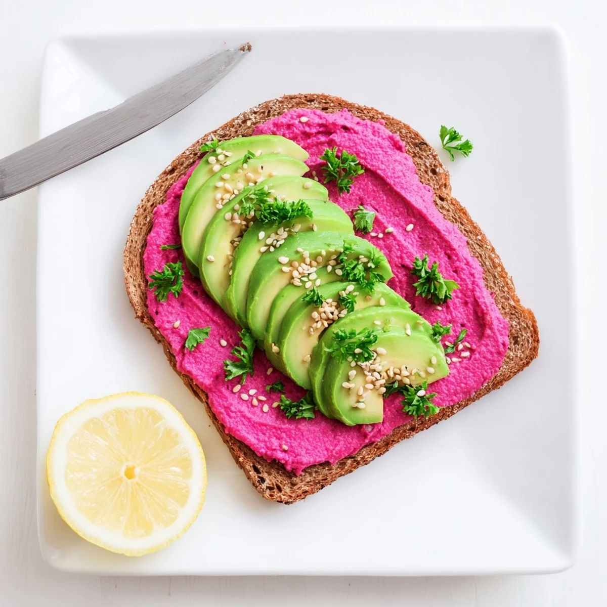 Golden toasted bread layered with vibrant pink avocado beet hummus topped with creamy green avocado slices