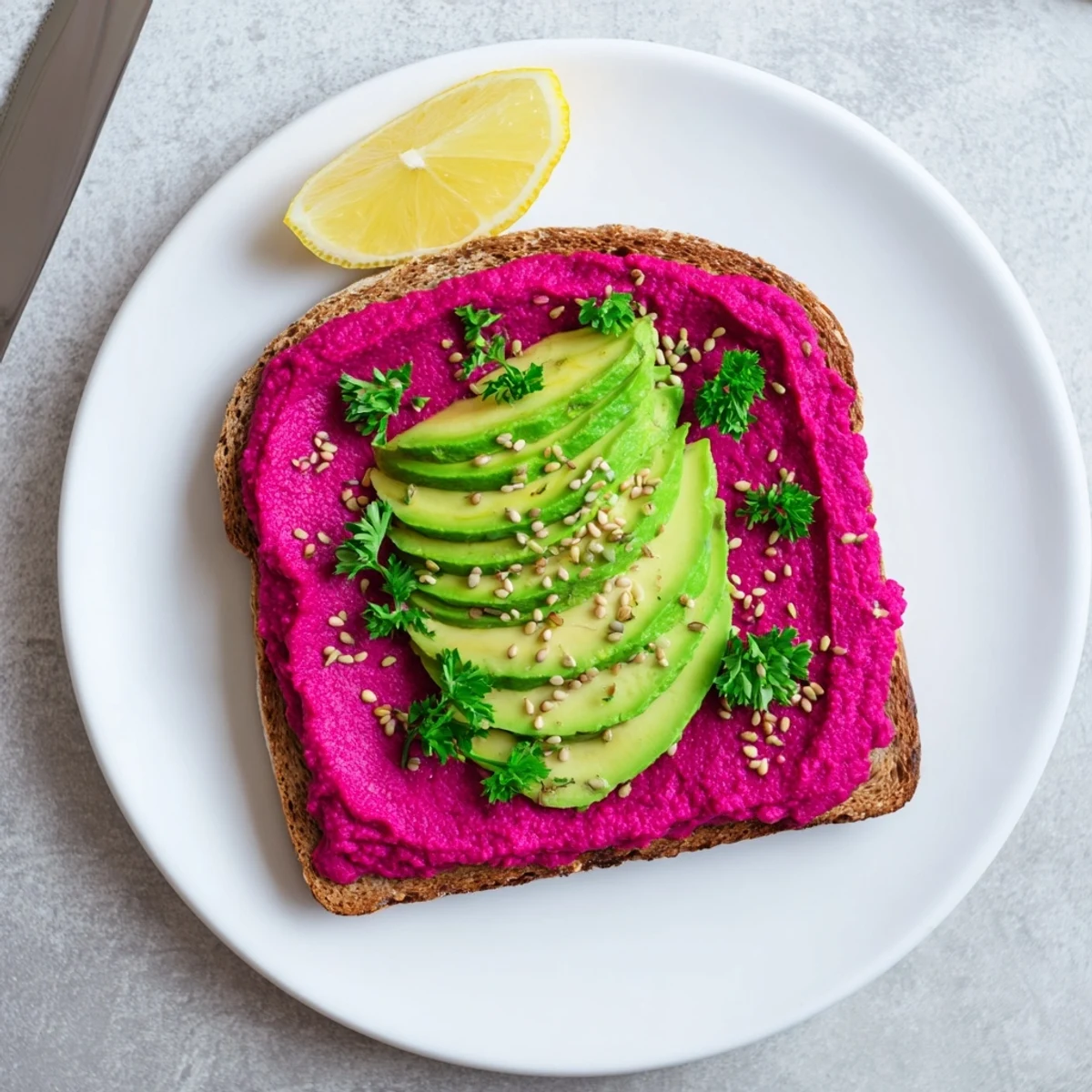 Open-faced toast showcasing magenta beet hummus spread beneath fresh ripe avocado and scattered sesame seeds