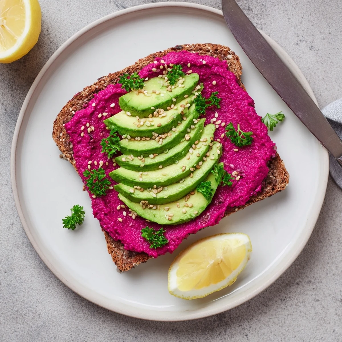 Close-up of Mediterranean-style avocado beet hummus toast with glossy avocado slices and fresh parsley garnish