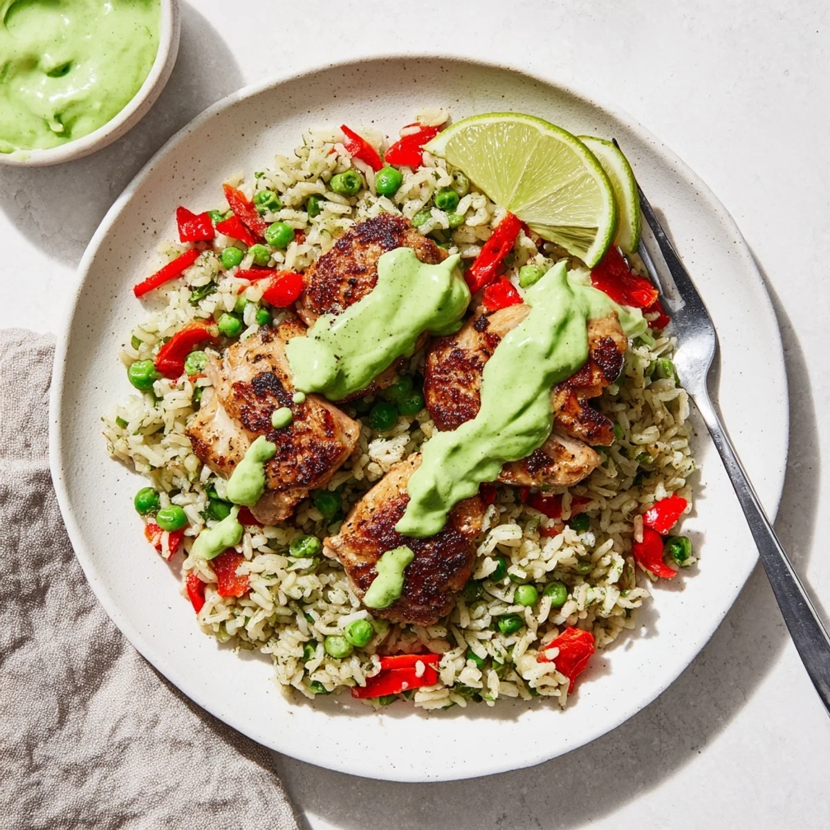 Golden brown chicken thighs nestled over fluffy cilantro rice with vibrant green Peruvian sauce drizzled on top