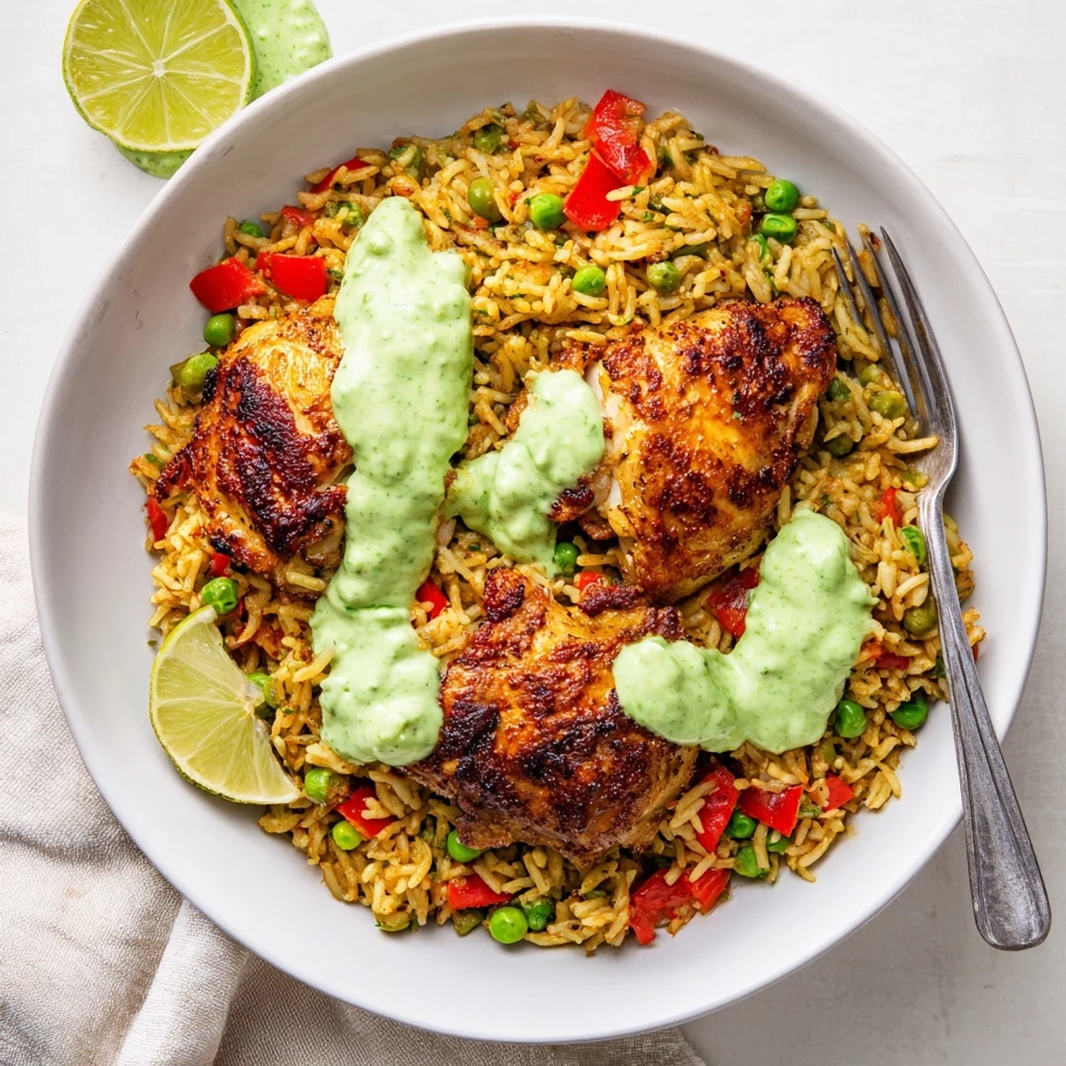 Comforting Peruvian chicken rice bowl featuring tender meat, colorful vegetables, and creamy zesty green sauce for dinner