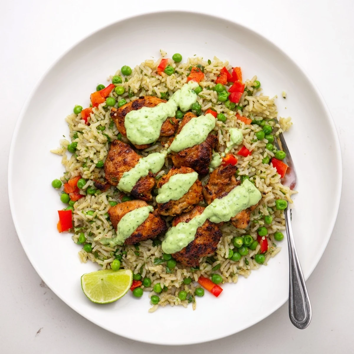 Plated Peruvian chicken rice with steaming aromatic grains, seared poultry, and bright herbaceous sauce garnished with fresh cilantro