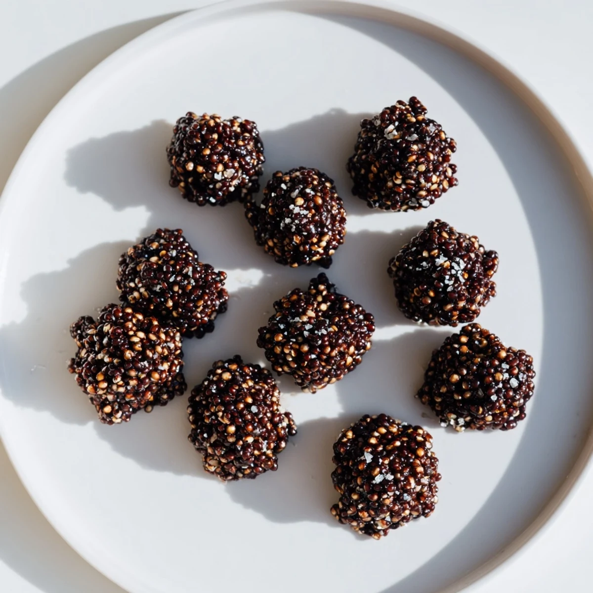 Bite-sized dark chocolate quinoa crisps arranged on a wooden board for serving