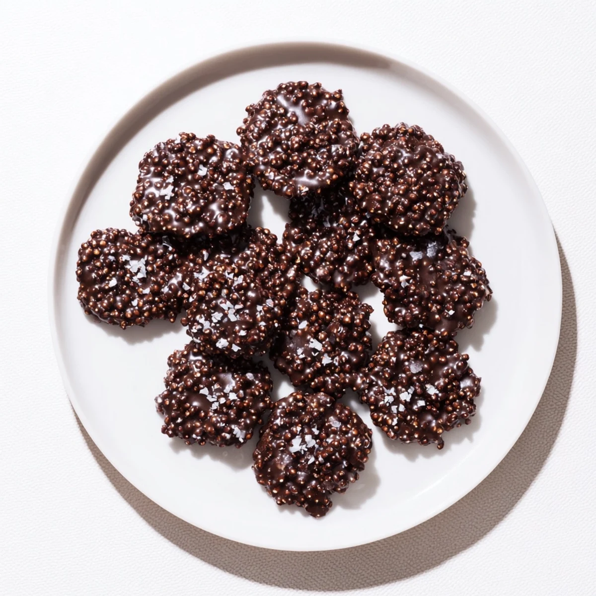 Golden dark chocolate quinoa crisps sprinkled with sea salt on a white plate