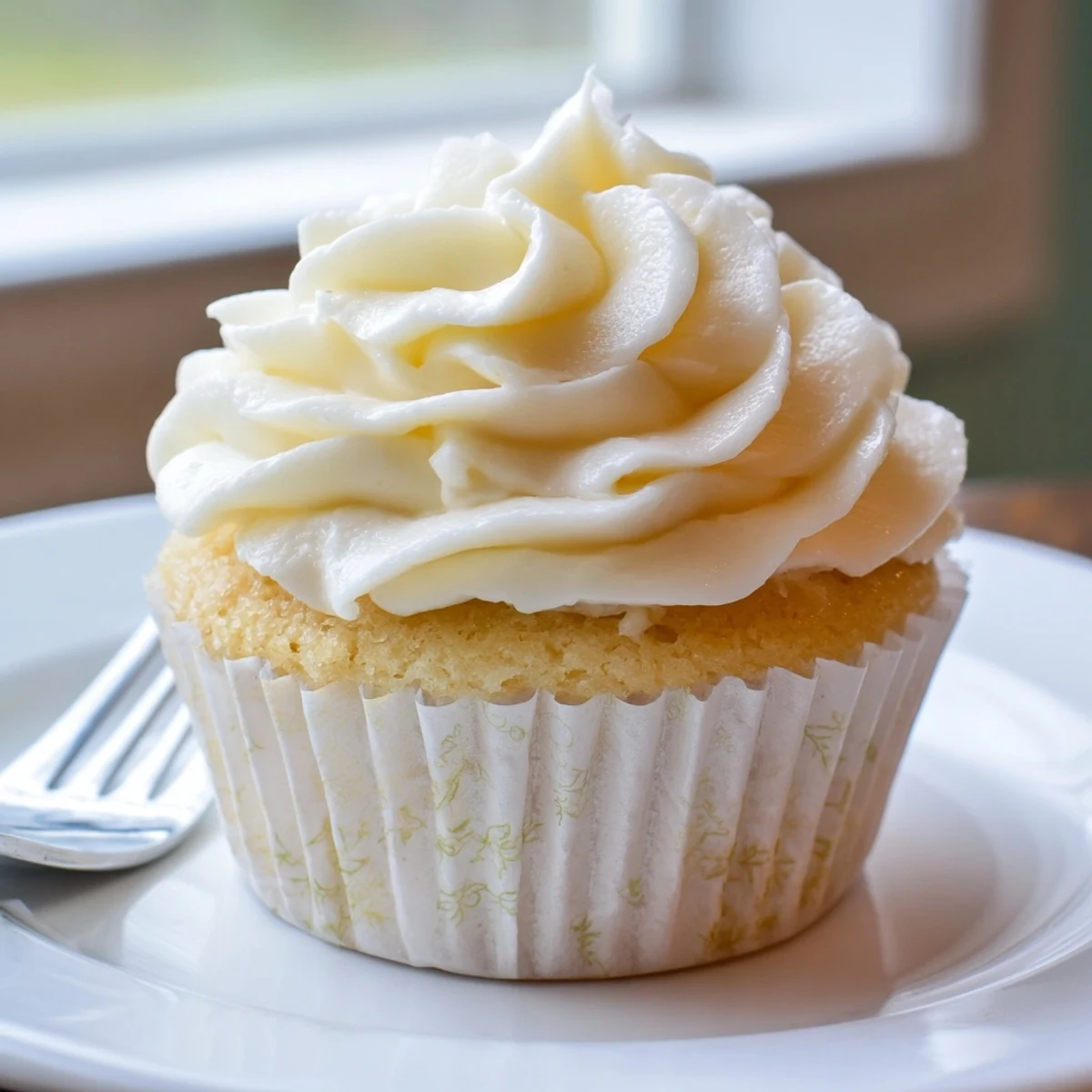 Golden vanilla cupcakes topped with fluffy white buttercream frosting on a decorative serving plate