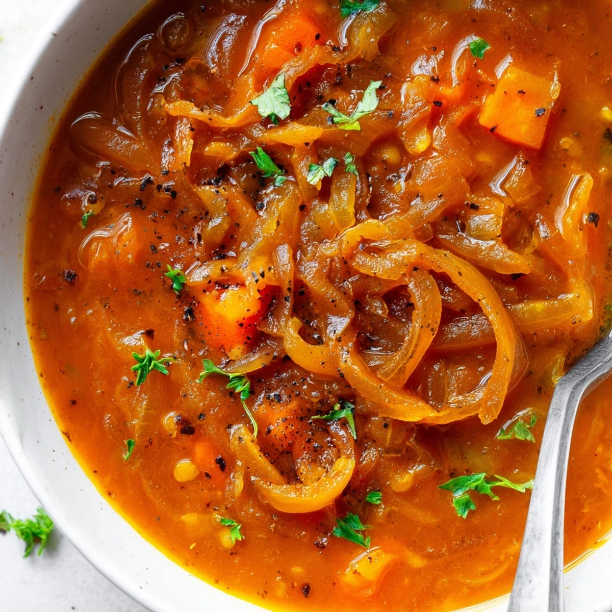 Golden caramelized onion red lentil soup served with crusty bread for dipping